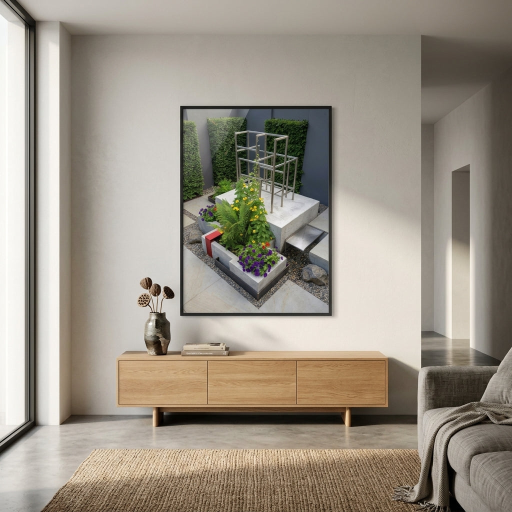 Modern Stone Gray Garden art print in a stylish, minimalist living room with plants and geometric decor.