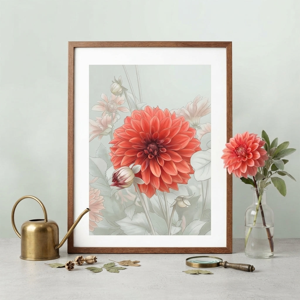 Dahlia Blossom – Poetisk blommig konsttryck med mjuka färger i ram, dekorerad med blommor och vattnare.