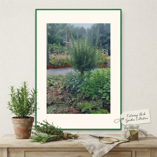 Herb Garden botanical poster showcasing rosemary and summer herbs in a vibrant garden setting.
