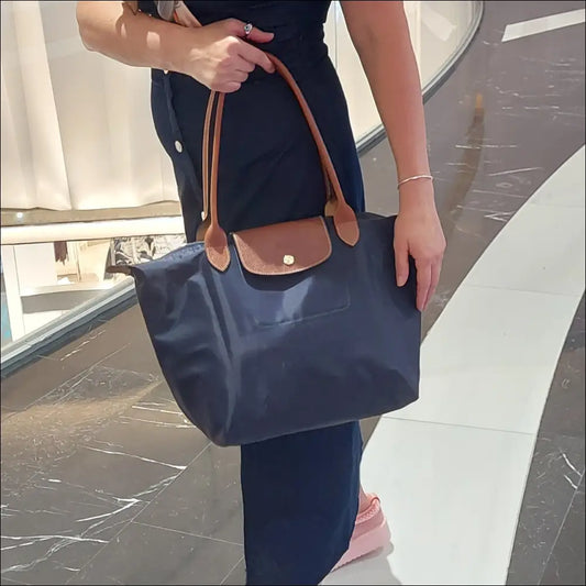Large Longchamp Tote Pliage Original Navy Blue - Long Handle - Vikbar resväska