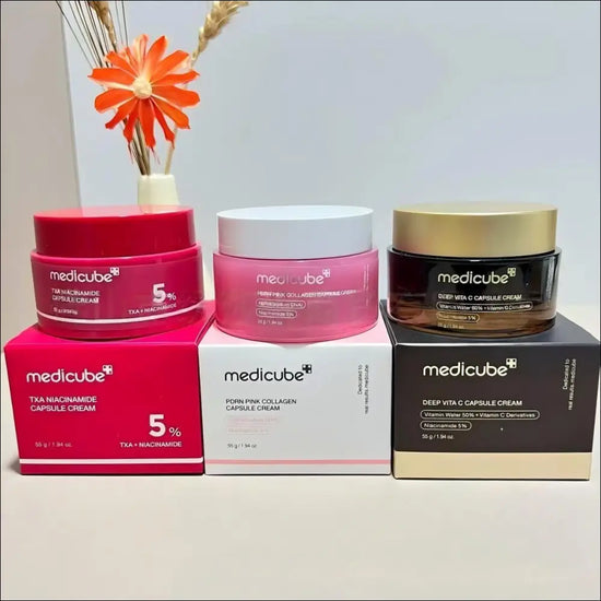 Medicube dermatologically tested Korean skincare creams including TIA Niacinamide, Pink Collagen, and Deep Vita capsules.