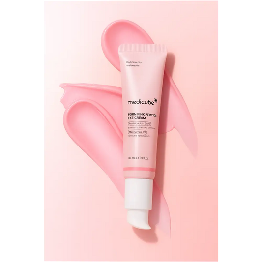 Medicube Eye Cream – PDRN Peptide in a pink tube with cream swatches, offering hydration for the under-eye area.