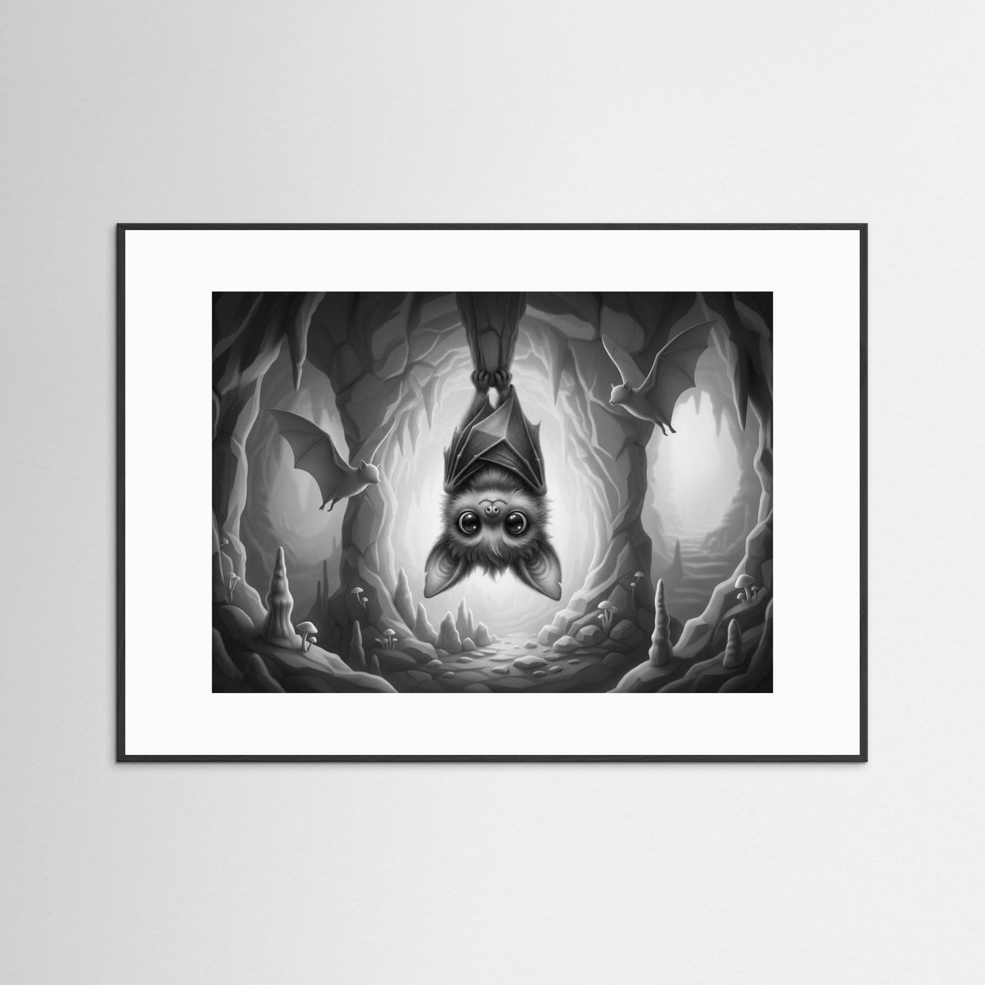 Cute Cave Bat Black & White Art Print