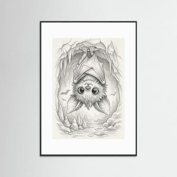 Sketch Drawing av en charmig fladdermus som hänger upp och ner i en grotta, illustrerad i en stilren skissstil.