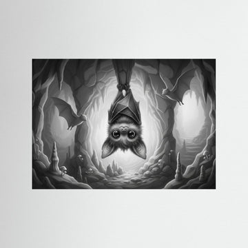 Cute Cave Bat Black & White Art Print