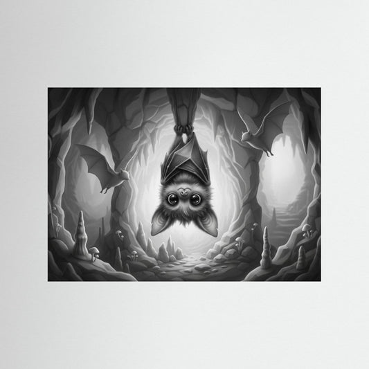 Cute Cave Bat svartvit konsttryck av en fladdermus som hänger upp och ner i en mystisk grotta.