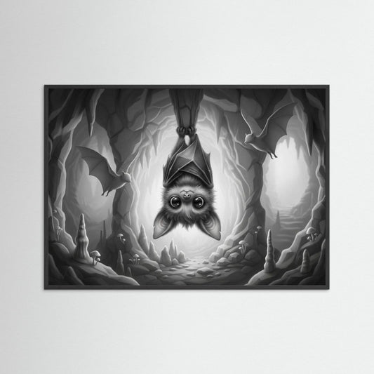 Cute Cave Bat Black & White Art Print visar en söt fladdermus som hänger upp och ner i en mystisk grotta.