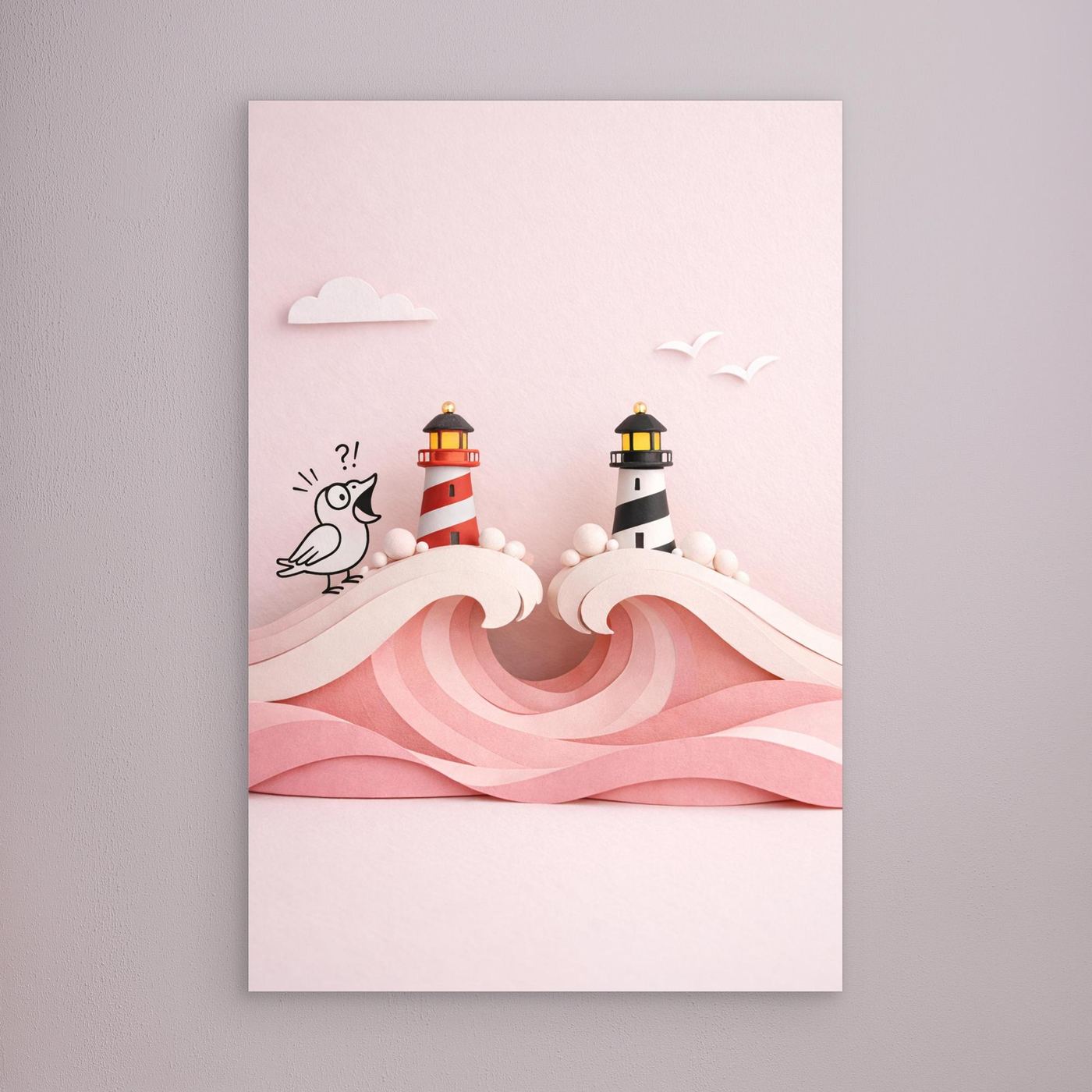 Pink Ocean Poster – Twin Lighthouses and Surprised Bird