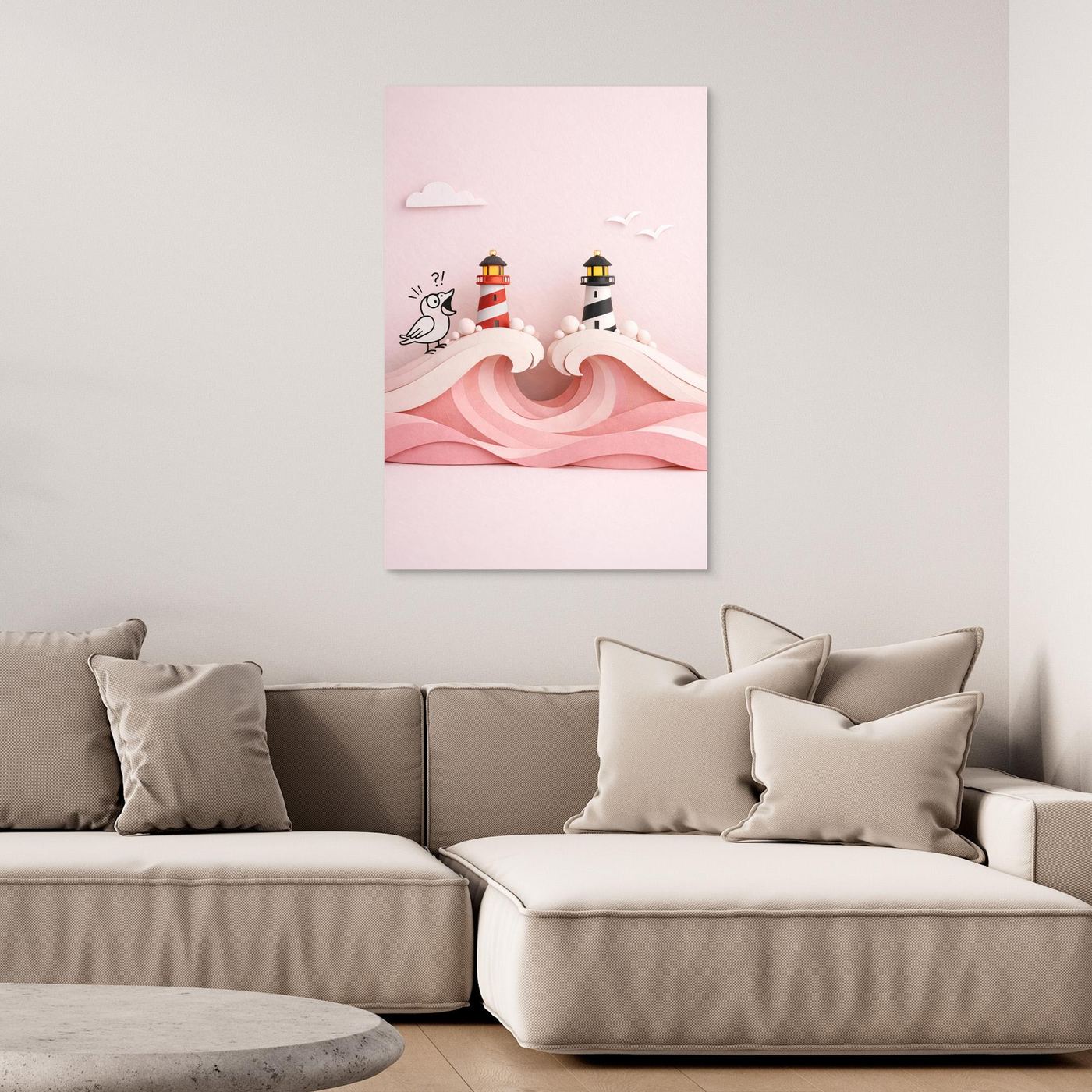 Pink Ocean Poster – Twin Lighthouses and Surprised Bird