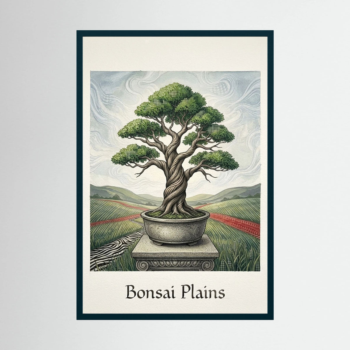 Bonsai i Öppet Landskap – Stiliserad Botanisk Illustration