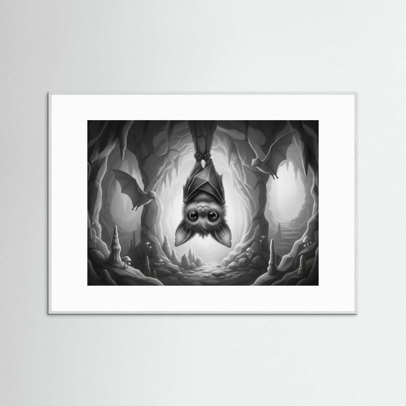 Cute Cave Bat Black & White Art Print
