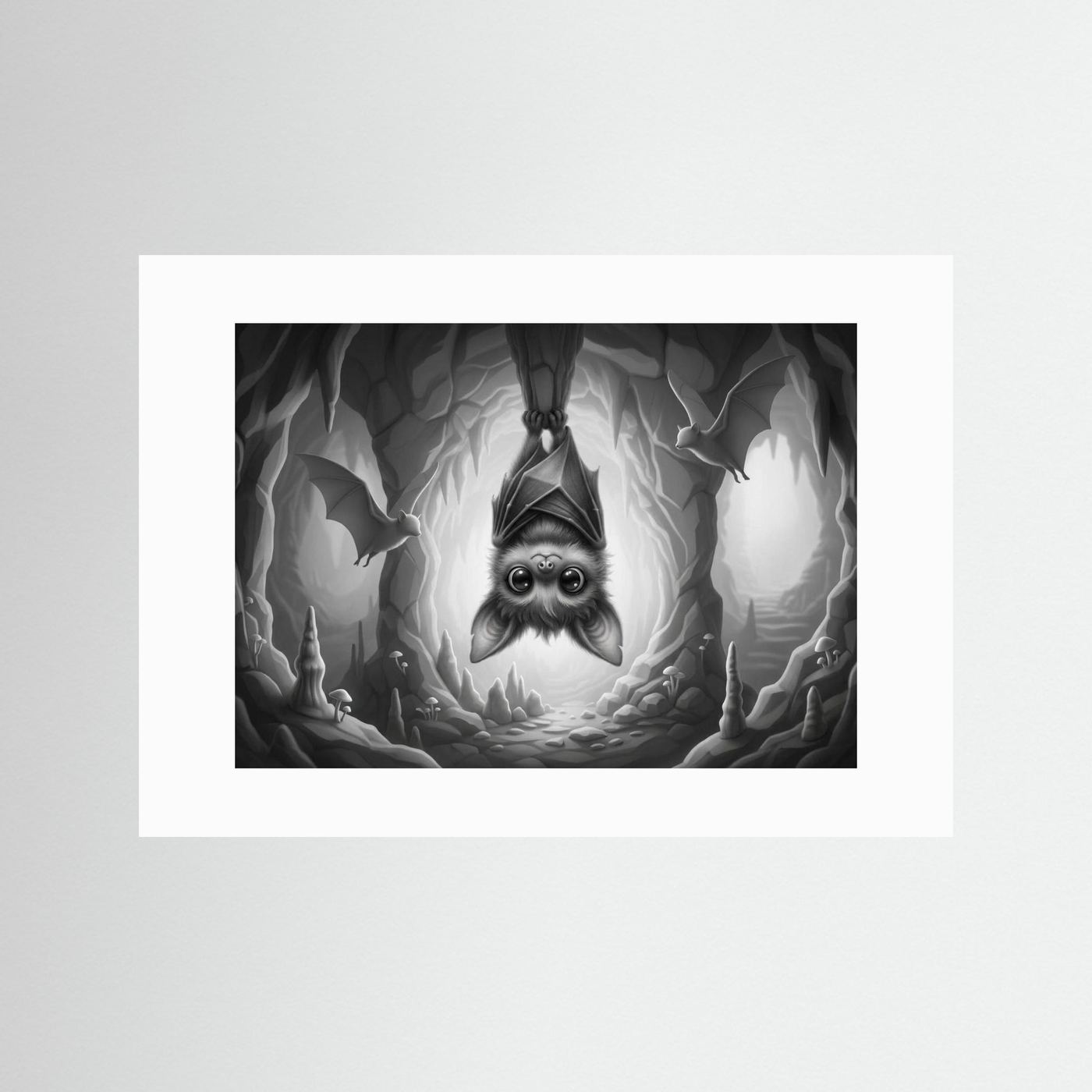 Cute Cave Bat Black & White Art Print