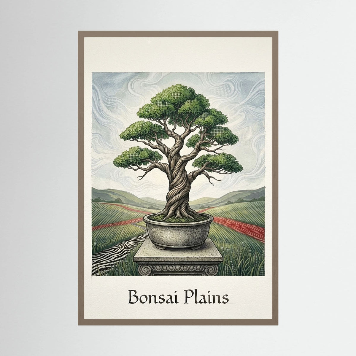 Bonsai i Öppet Landskap – Stiliserad Botanisk Illustration