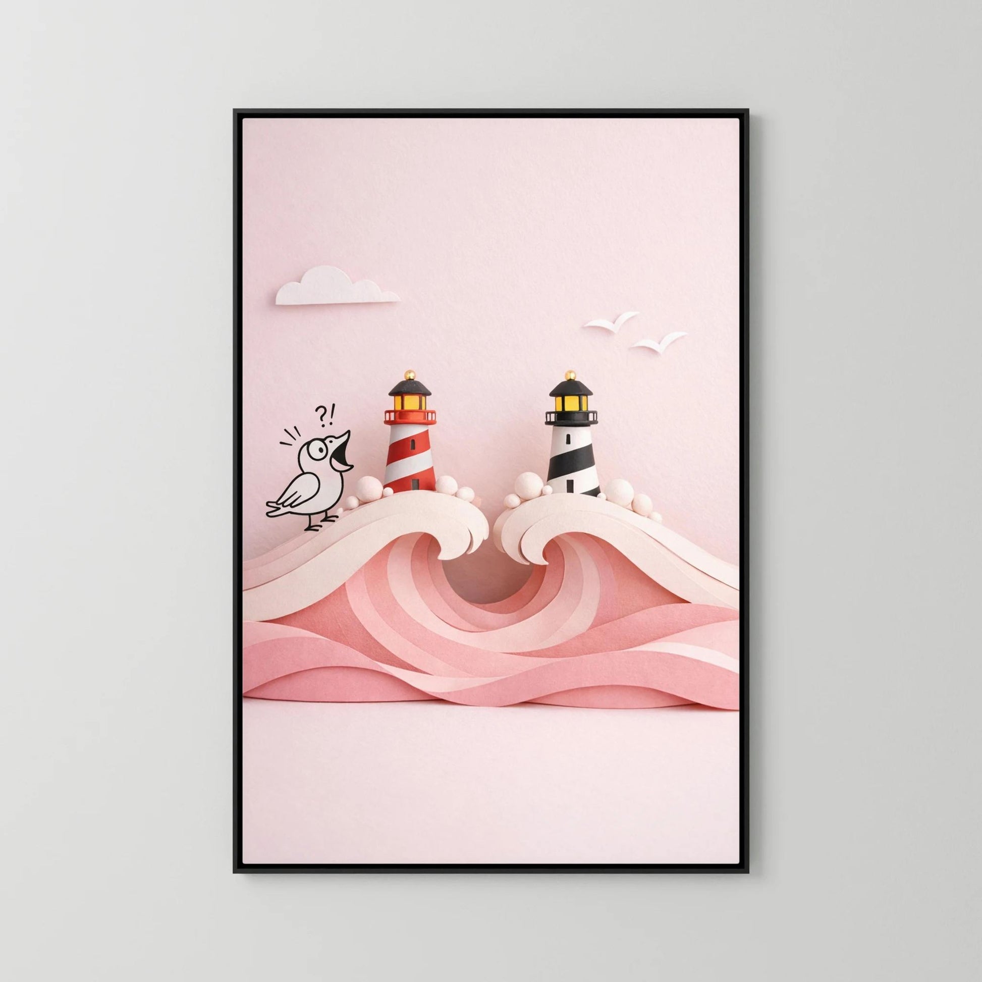 Pink Ocean Poster – Twin Lighthouses and Surprised Bird