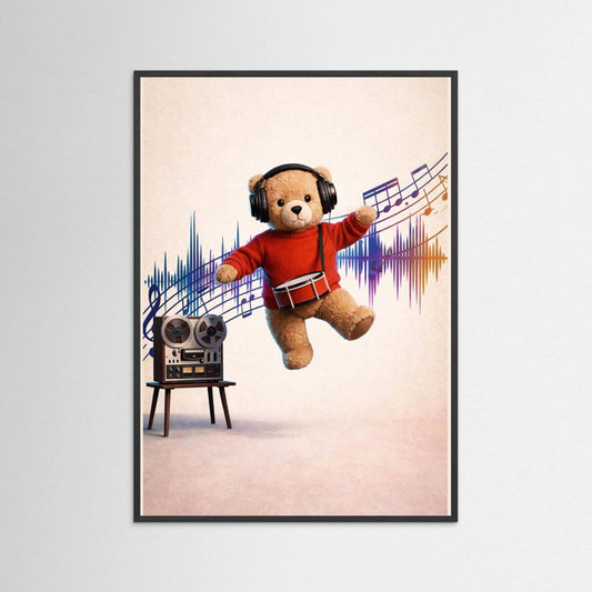 Music and Dance Teddy Poster - Joyful Wall Art for Kids featuring a dancing teddy bear with music notes.