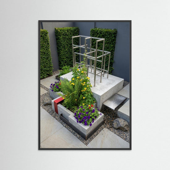 Modern Stone Gray Garden – konstverk med stilren trädgårdsdesign, geometriska former och grönska.