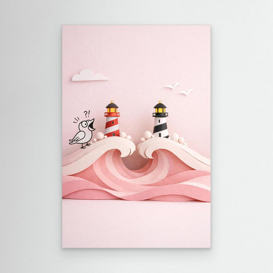 Pink Ocean Poster – Twin Lighthouses and Surprised Bird