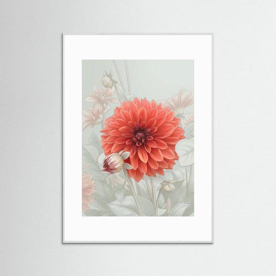 Dahlia Blossom – Poetic Misty Flower Art Print med en stor orange dahlia och mjuka botaniska detaljer.
