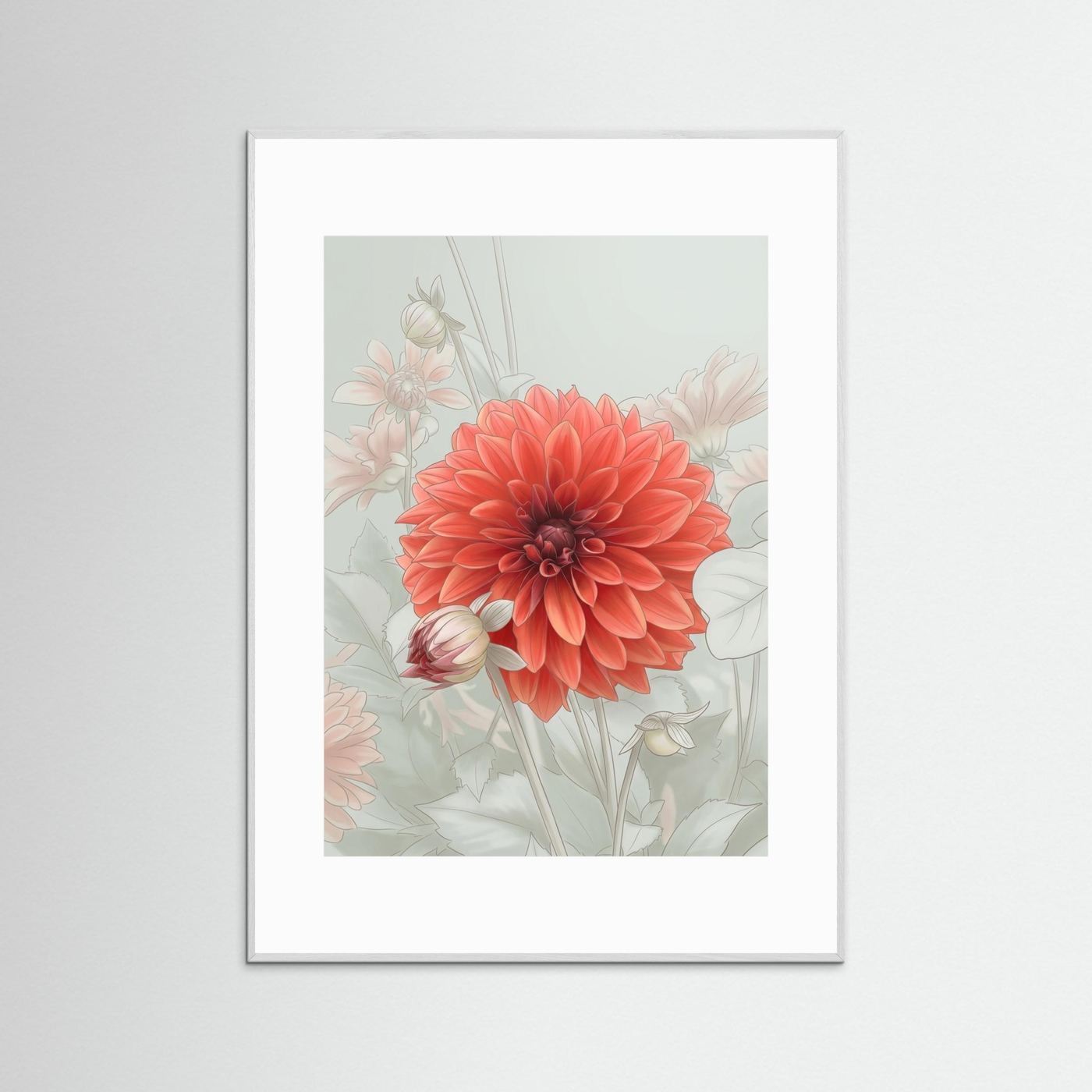 Dahlia Blossom – Poetic Misty Flower Art Print med en stor orange dahlia och mjuka botaniska detaljer.