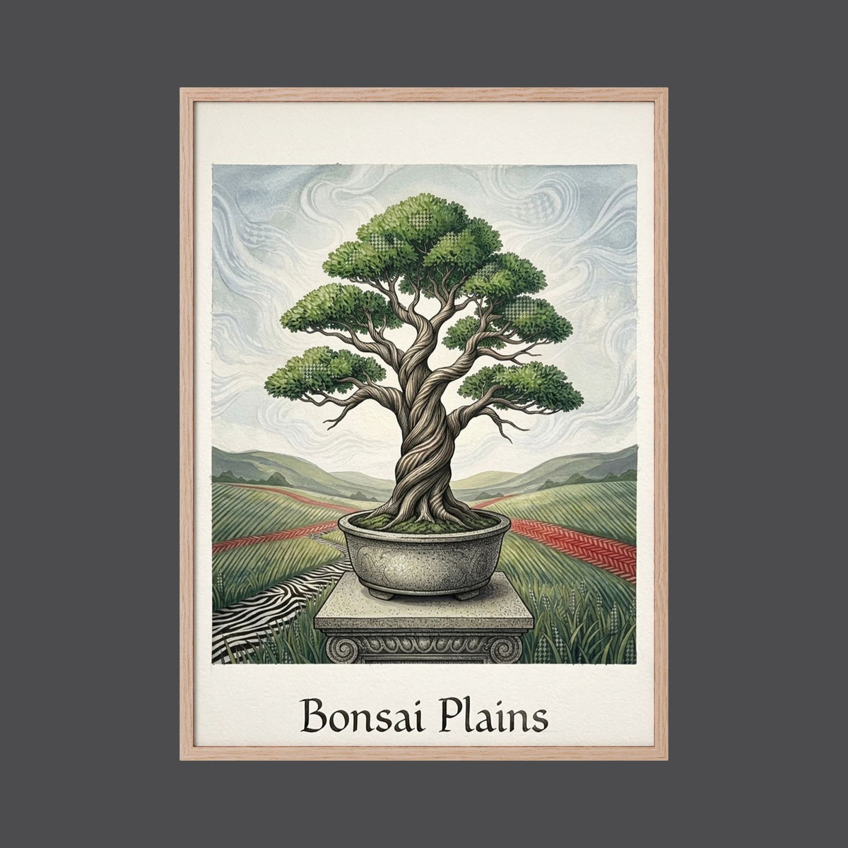 Bonsai i Öppet Landskap – Stiliserad Botanisk Illustration