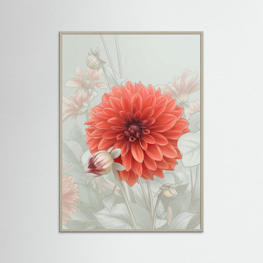 Dahlia Blossom – Poetic Misty Flower Art Print med röd dahlia i mjukt dimmig bakgrund.