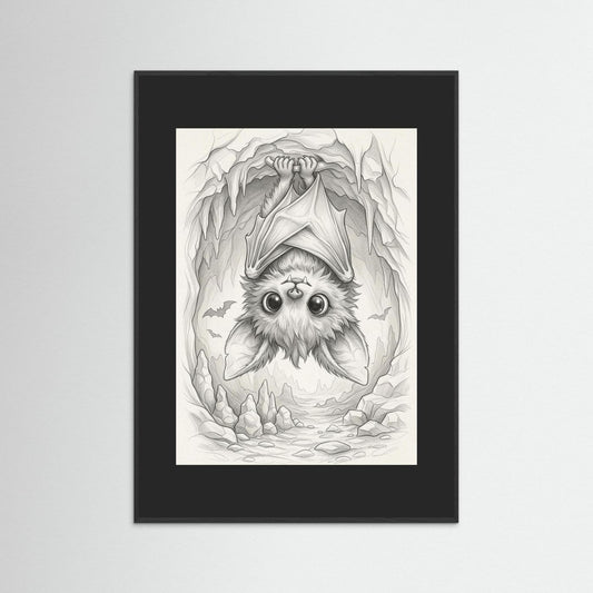 Cute bat hanging upside down in a gothic sketch illustration, minimalist Nordic art style.