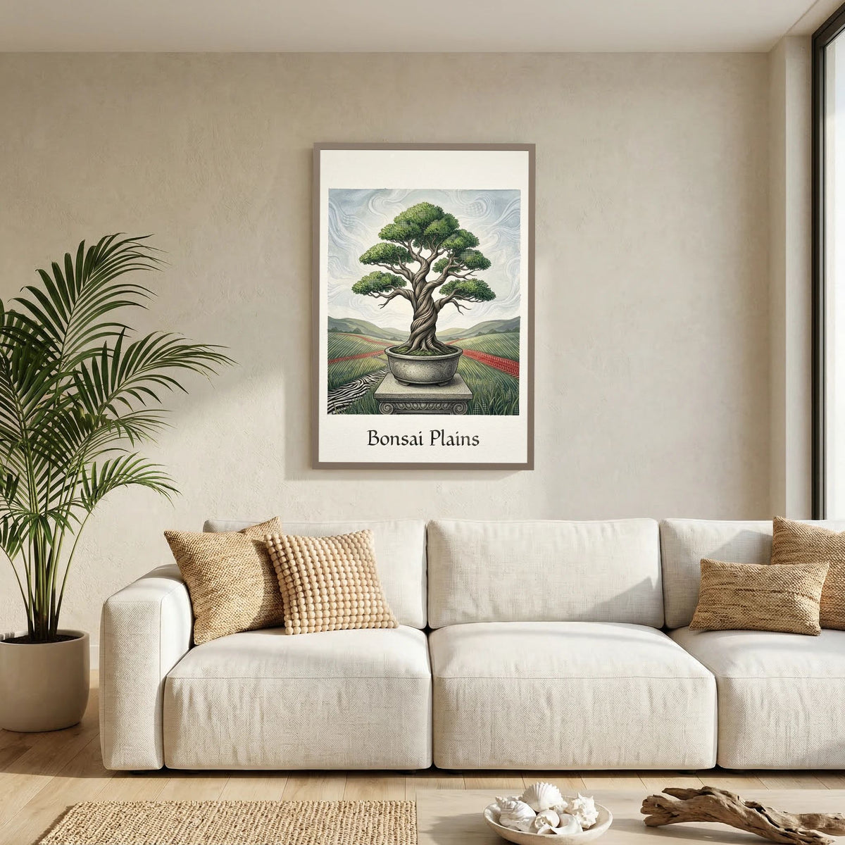 Bonsai i Öppet Landskap – Stiliserad Botanisk Illustration