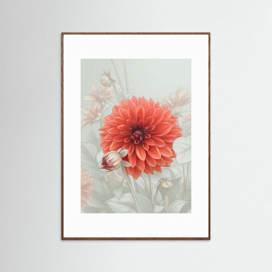Dahlia Blossom – Poetic Misty Flower Art Print med en stor, röd dahlia framför mjuka blomster i bakgrunden.