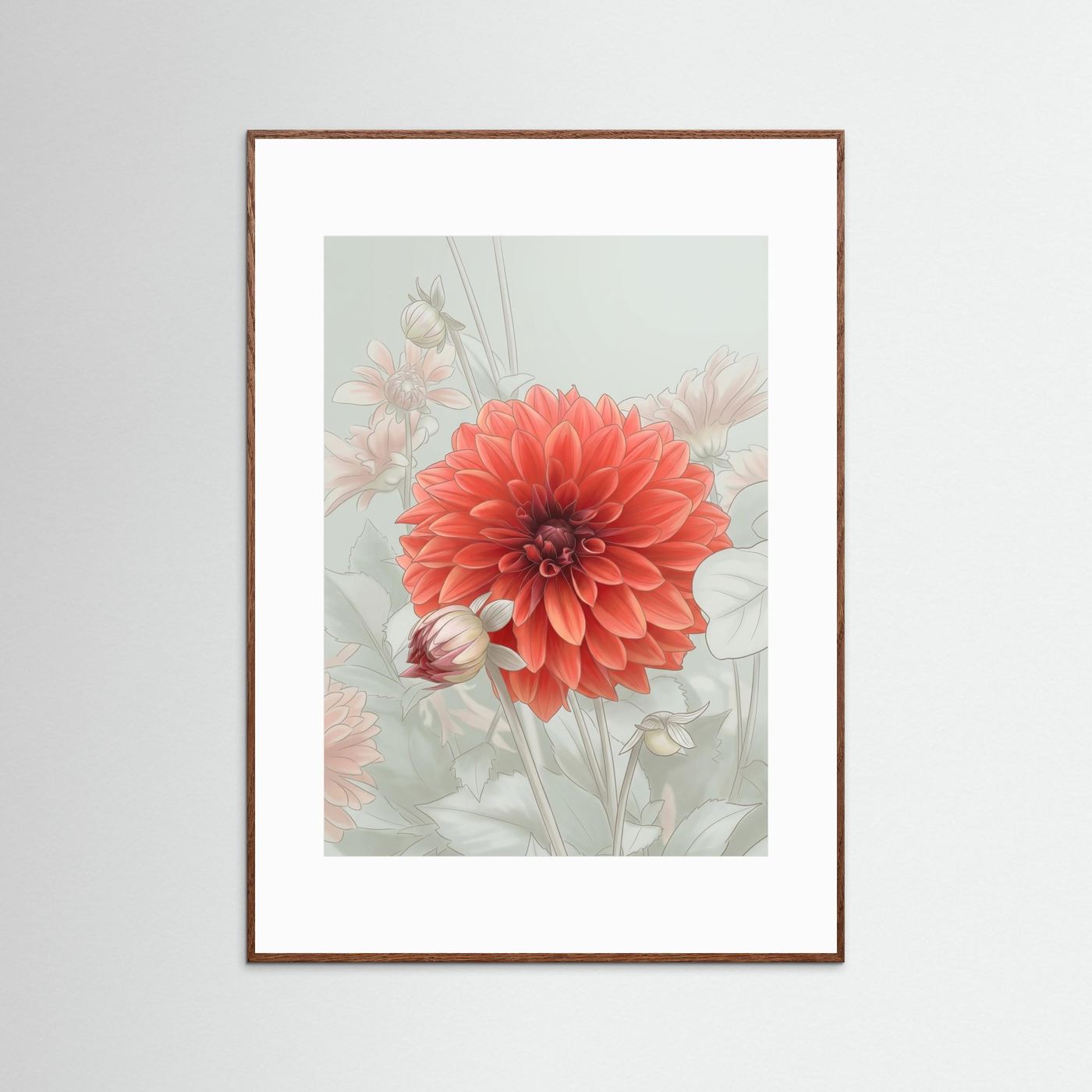 Dahlia Blossom – Poetic Misty Flower Art Print med en stor, röd dahlia framför mjuka blomster i bakgrunden.