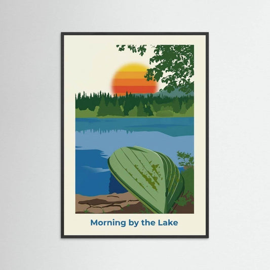 Morning by the Lake – Scandinavian Sunrise Poster som visar en soluppgång över en sjö med en grön båt i förgrunden.