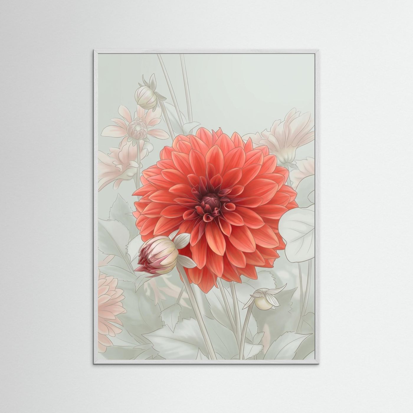 Dahlia Blossom – poetisk och dimmig blommigaranti konsttryck med mjuka färger och harmonisk komposition.