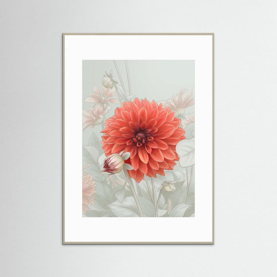 Dahlia Blossom – poetisk dimmig blomsterkonsttryck med mjuka röda dahlior i lugn färgpalett.