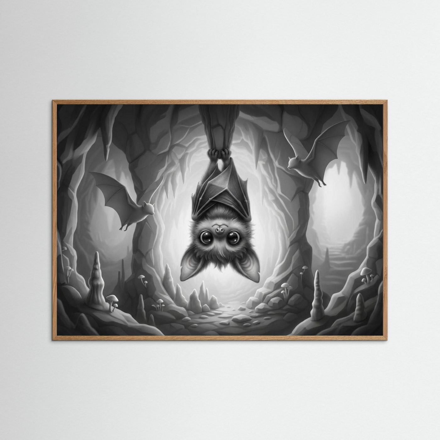 Cute Cave Bat Black & White Art Print