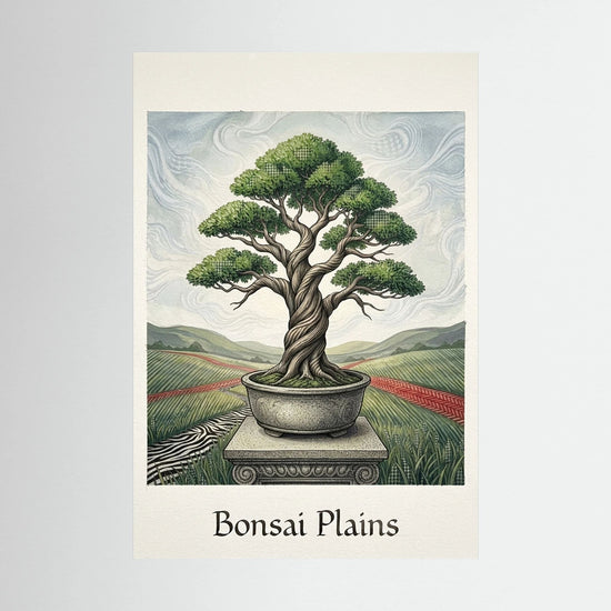 Bonsai i Öppet Landskap – Stiliserad Botanisk Illustration