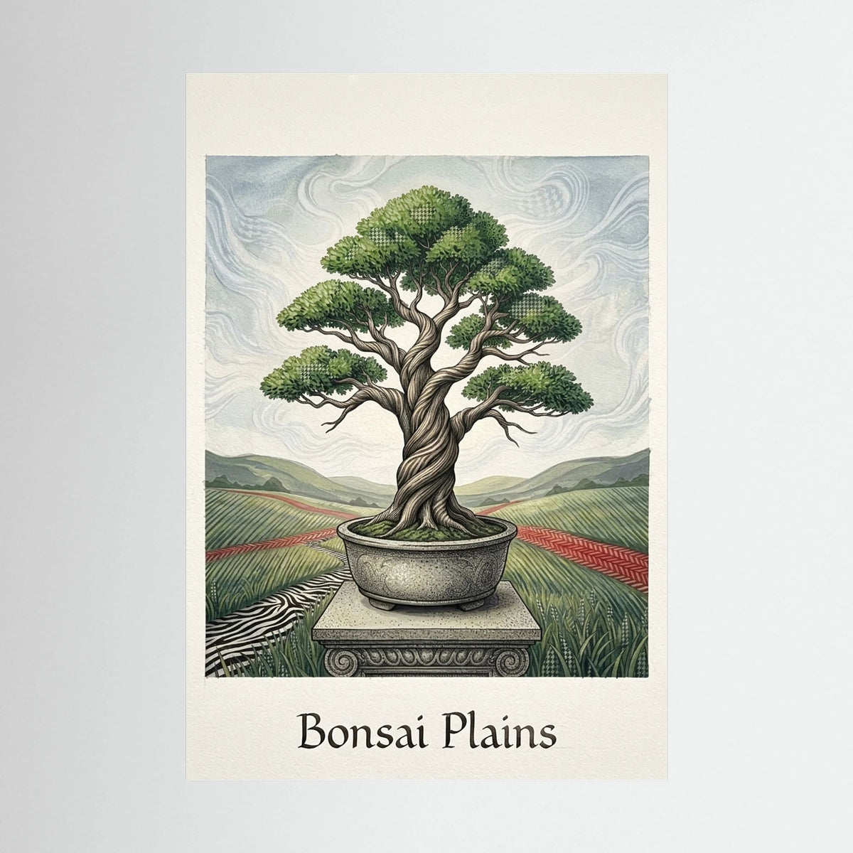 Bonsai i Öppet Landskap – Stiliserad Botanisk Illustration