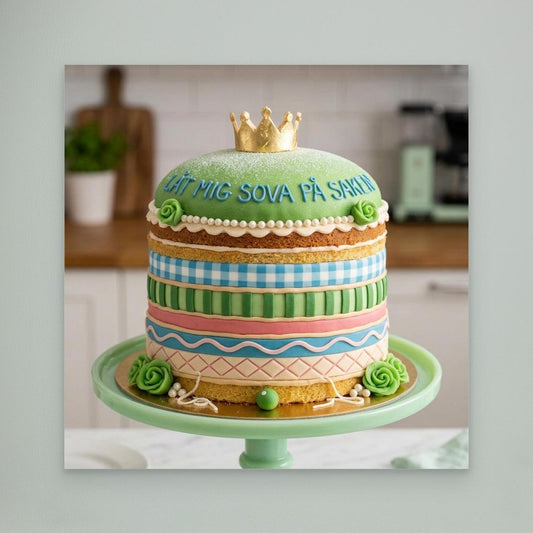 Royal Cake med krona i lekfull design på en tårtfat. Perfekt för bakälskare och väggkonst.