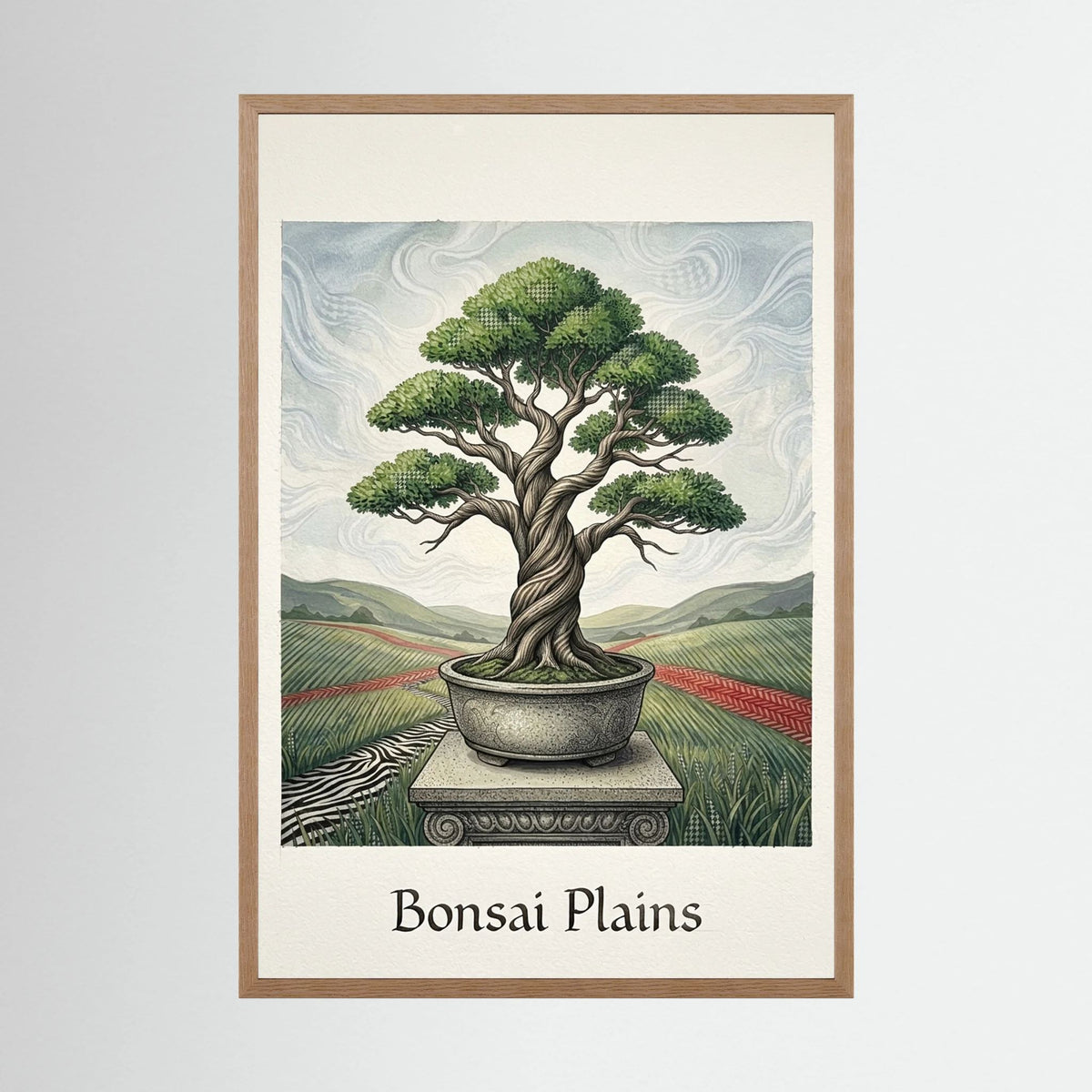 Bonsai i Öppet Landskap – Stiliserad Botanisk Illustration