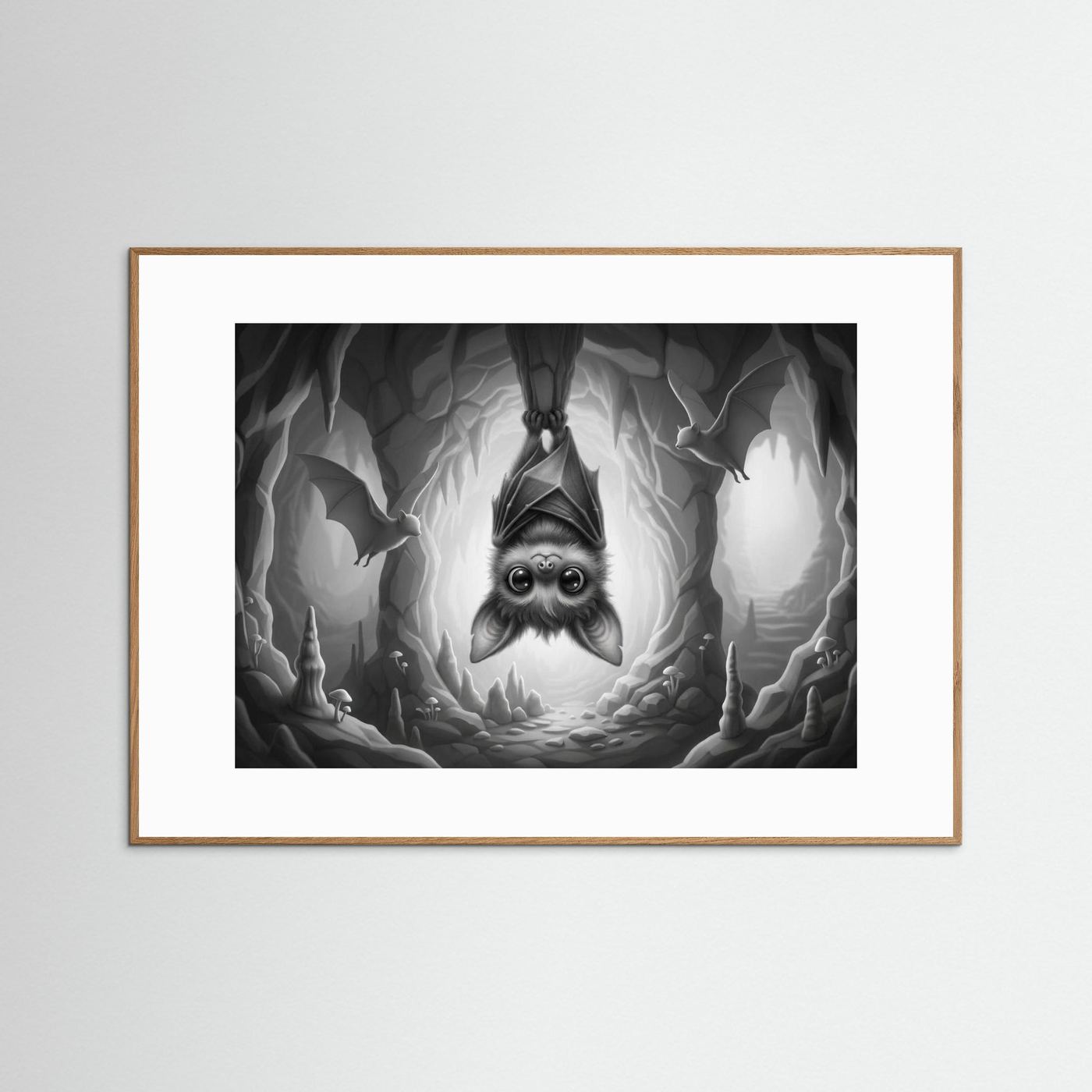 Cute Cave Bat Black & White Art Print
