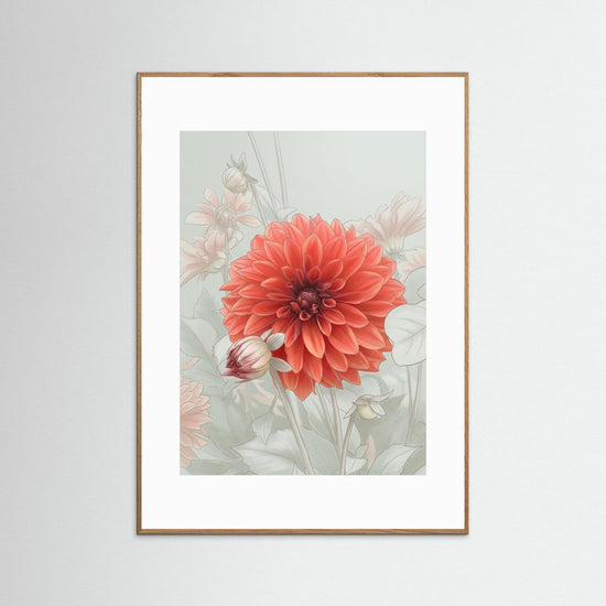 Dahlia Blossom – poetisk dimmig blomsterkonsttryck med mjuka, harmoniska färger och lugn känsla.