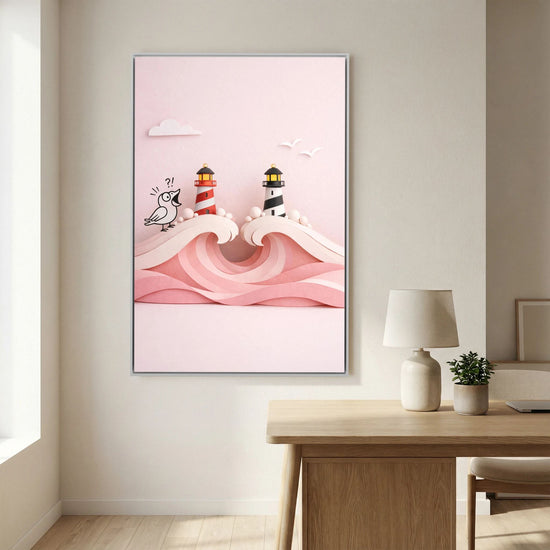 Pink Ocean Poster – Twin Lighthouses and Surprised Bird