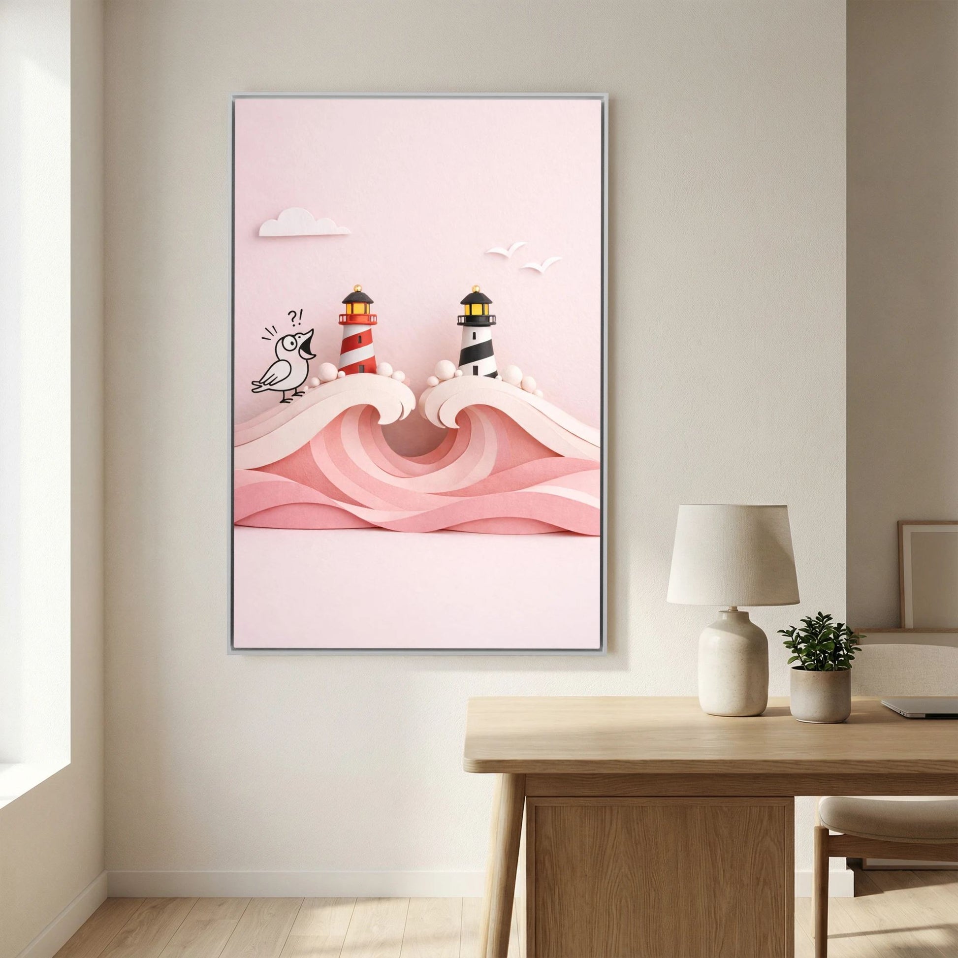 Pink Ocean Poster – Twin Lighthouses and Surprised Bird