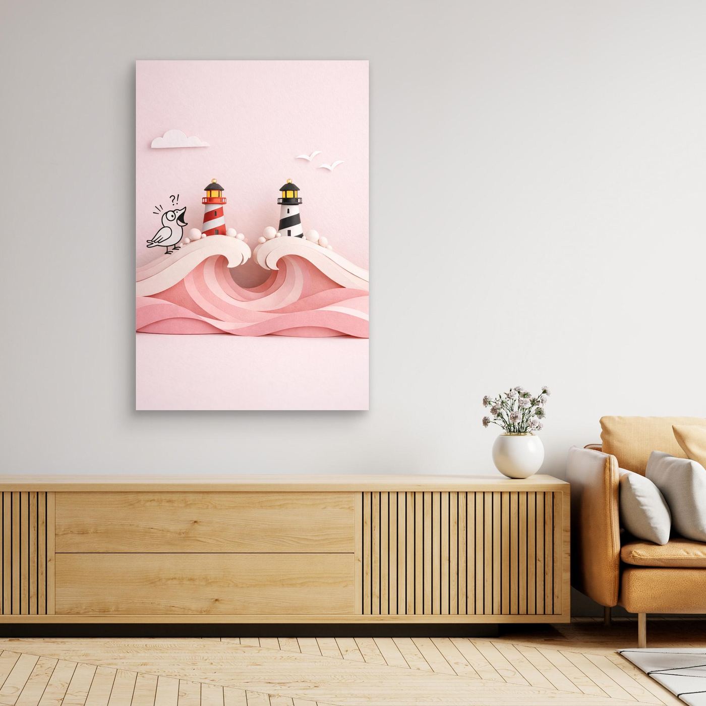 Pink Ocean Poster – Twin Lighthouses and Surprised Bird
