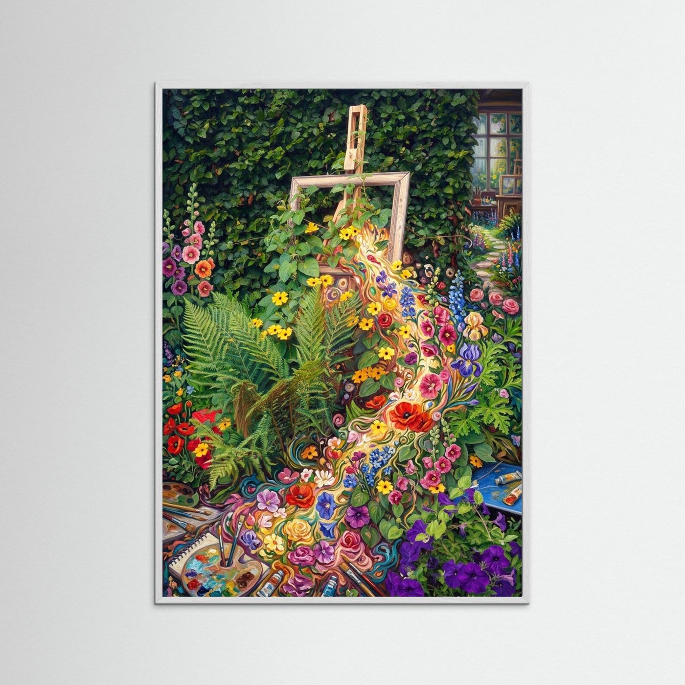 Artists Garden - Colorful Arcadian Art Poster featuring vibrant flowers and an easel in a lush garden.