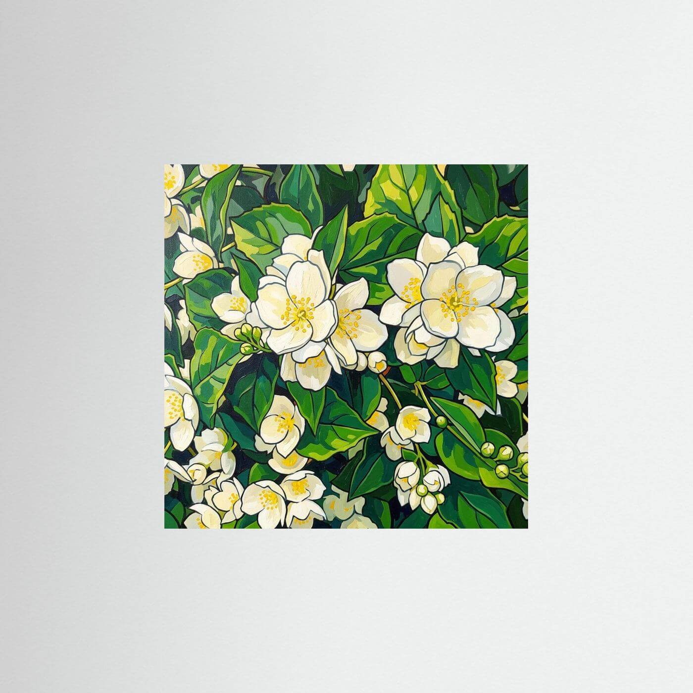 Flowering Jasmine - en botanisk illustration av jasminblommor med vita kronblad och gröna blad.