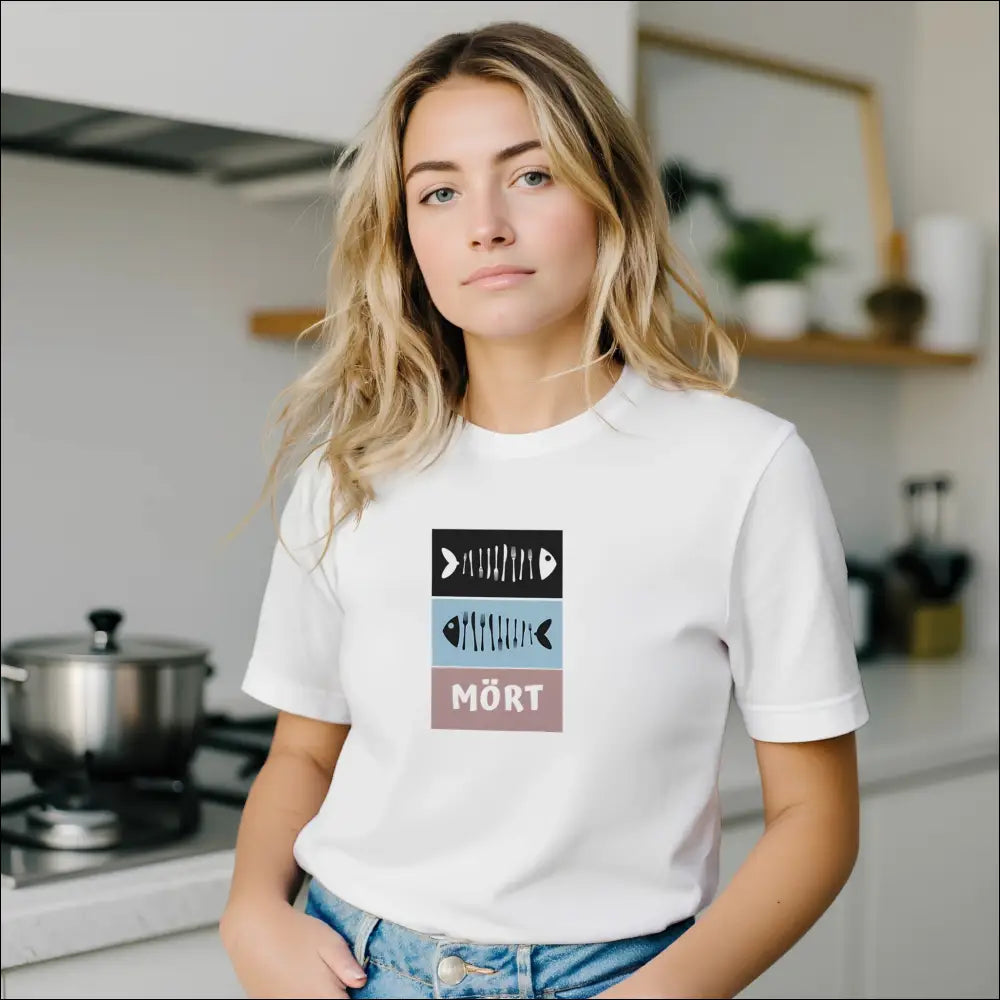 Mört stiliserad grafisk t-shirt design för fiskälskare med modern fiskekultur på vit bakgrund.