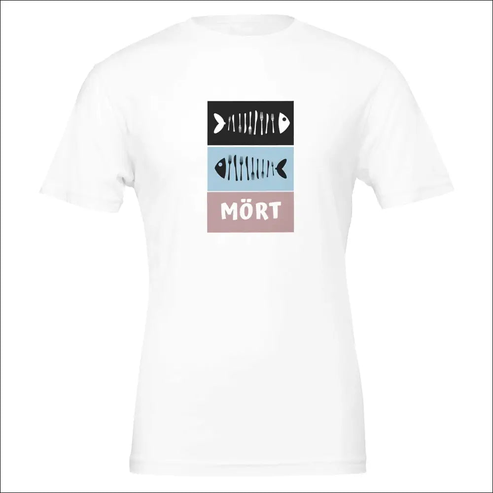Mört stiliserad grafisk t-shirt med fiskskelettdesign på vit bakgrund.