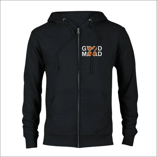 Mysig svart hoodie med texten 'GOOD MOOD' och kaffekoppar, perfekt för kaféentusiaster.