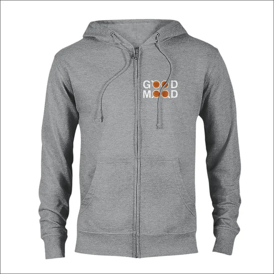 Mysig Kafé Hoodie i grå färg med texten 'GOOD MOOD' och kaffekoppar motiv.