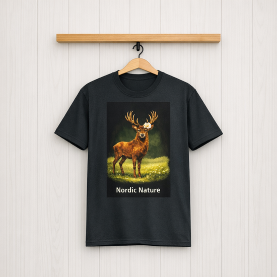 Nordic Nature T-shirt - Elegant black cotton tee with stag design against a summer meadow backdrop.