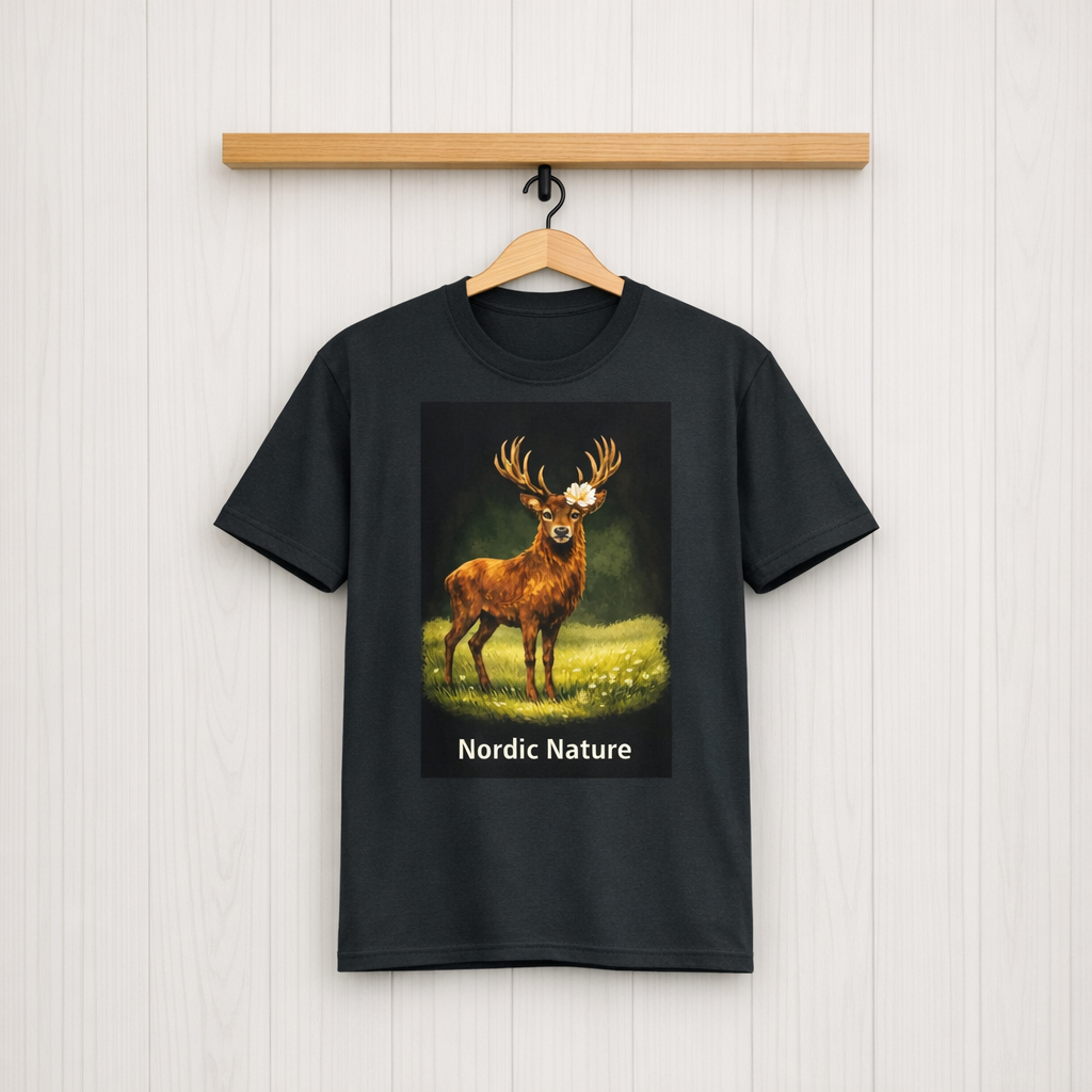 Nordic Nature T-shirt - Elegant black cotton tee with stag design against a summer meadow backdrop.